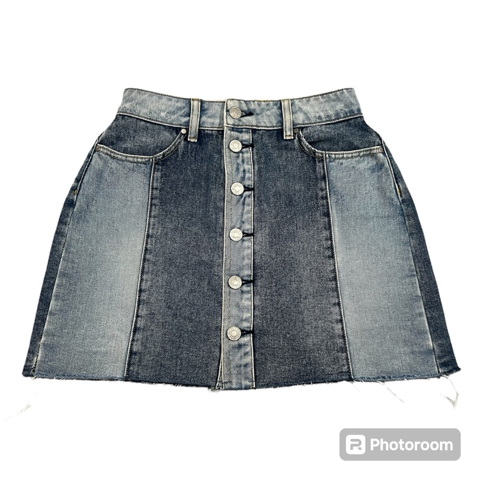 PacSun Los Angeles Denim Mini Skirt Women Size 25 Blue Button Up Raw Hem 2-Tone